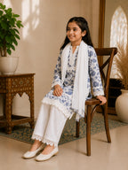 Girls Grey Floral Mumul Print Kurta Pant Set with Dupatta | Premium Kids Ethnic Wear | Tazaki Fashion