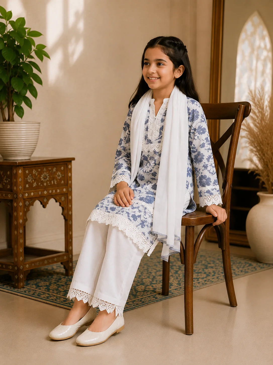 Girls Grey Floral Mumul Print Kurta Pant Set with Dupatta | Premium Kids Ethnic Wear | Tazaki Fashion