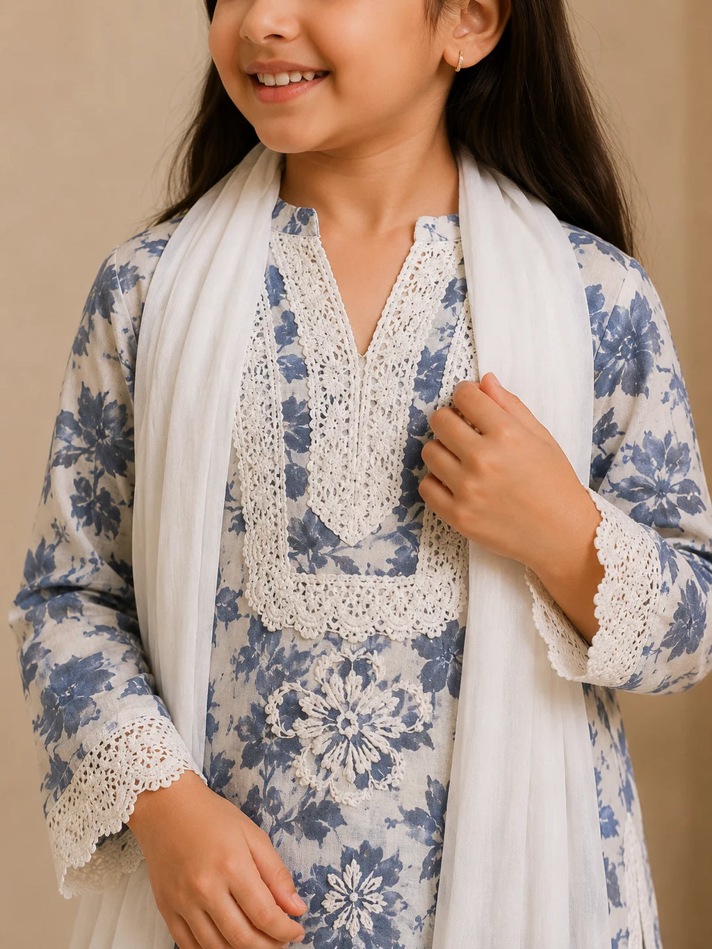Girls Grey Floral Mumul Print Kurta Pant Set with Dupatta | Premium Kids Ethnic Wear | Tazaki Fashion