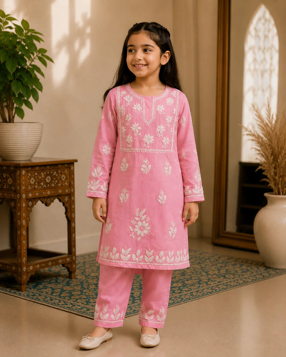 Girls Mint Green Muslin Embroidered Kurta Pant Set | Premium Ethnic Wear for Kids | Tazaki Fashion