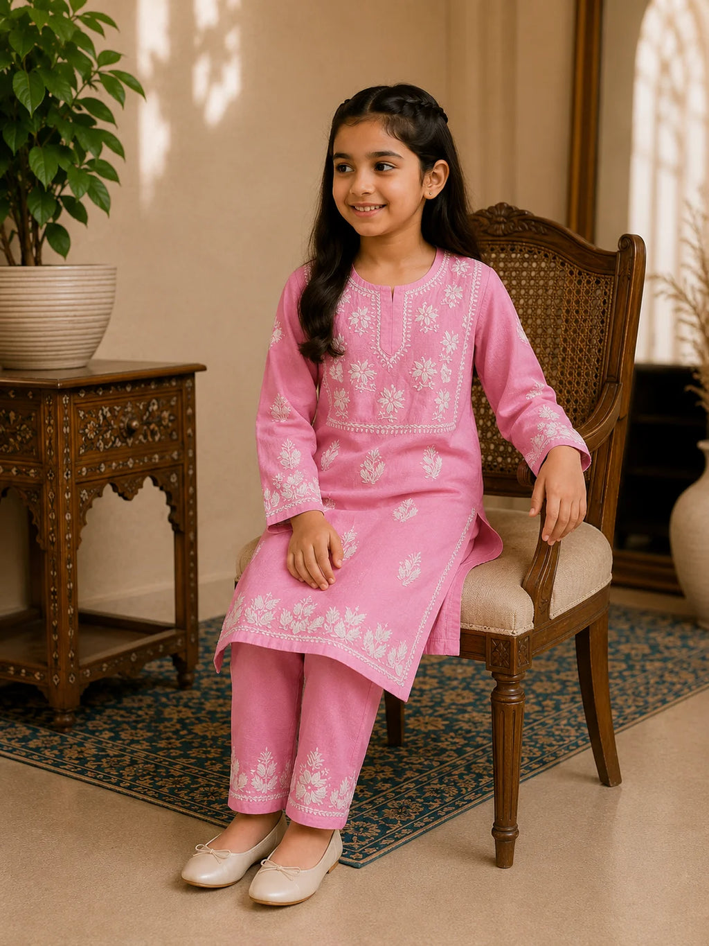 Girls Mint Green Muslin Embroidered Kurta Pant Set | Premium Ethnic Wear for Kids | Tazaki Fashion