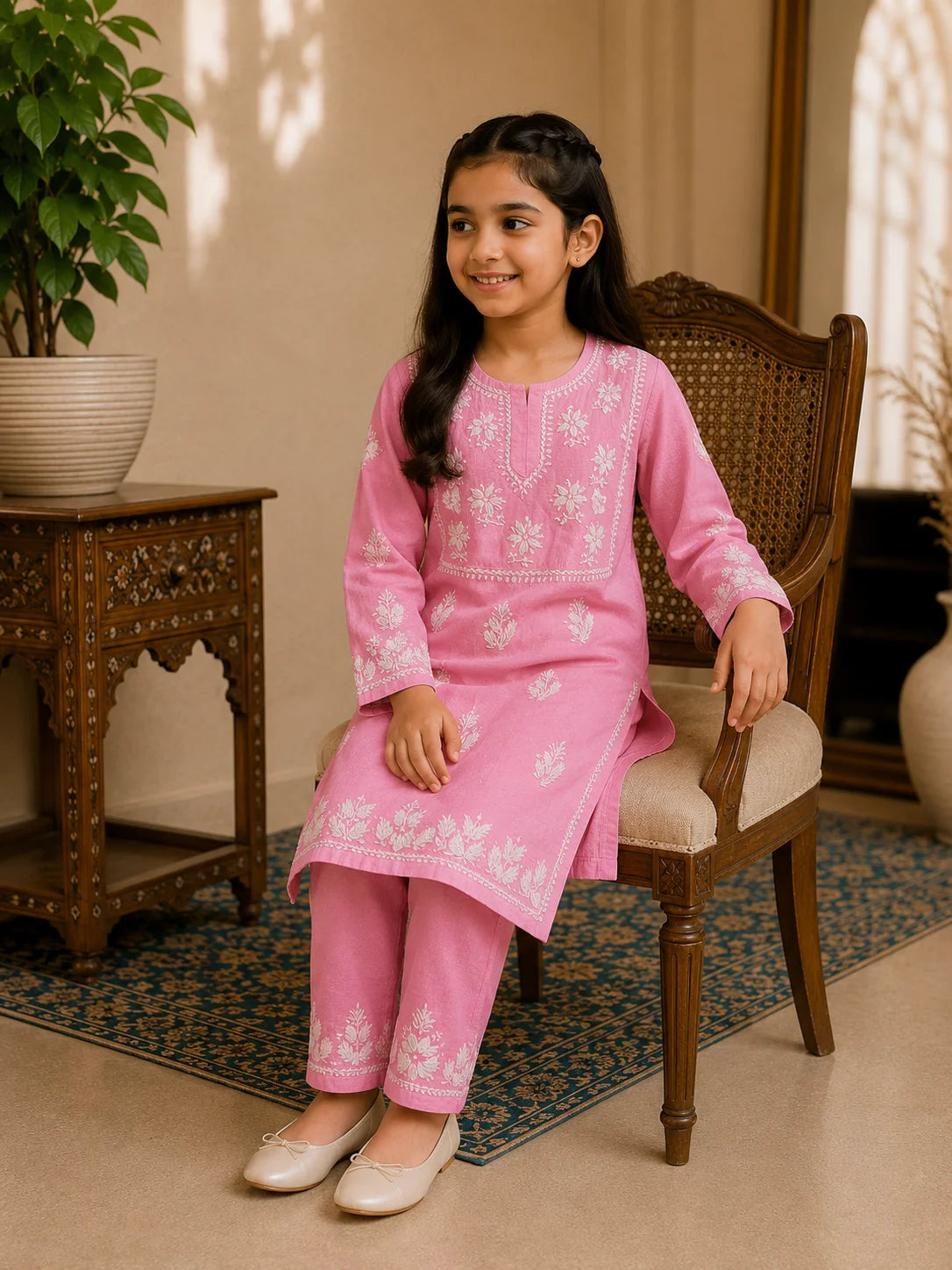 Girls Mint Green Muslin Embroidered Kurta Pant Set | Premium Ethnic Wear for Kids | Tazaki Fashion