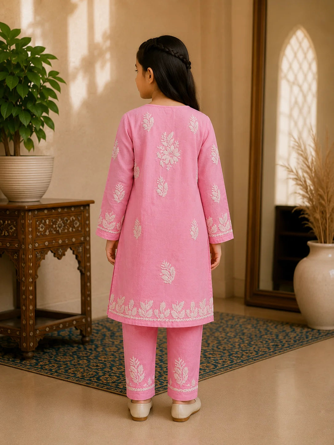 Girls Mint Green Muslin Embroidered Kurta Pant Set | Premium Ethnic Wear for Kids | Tazaki Fashion