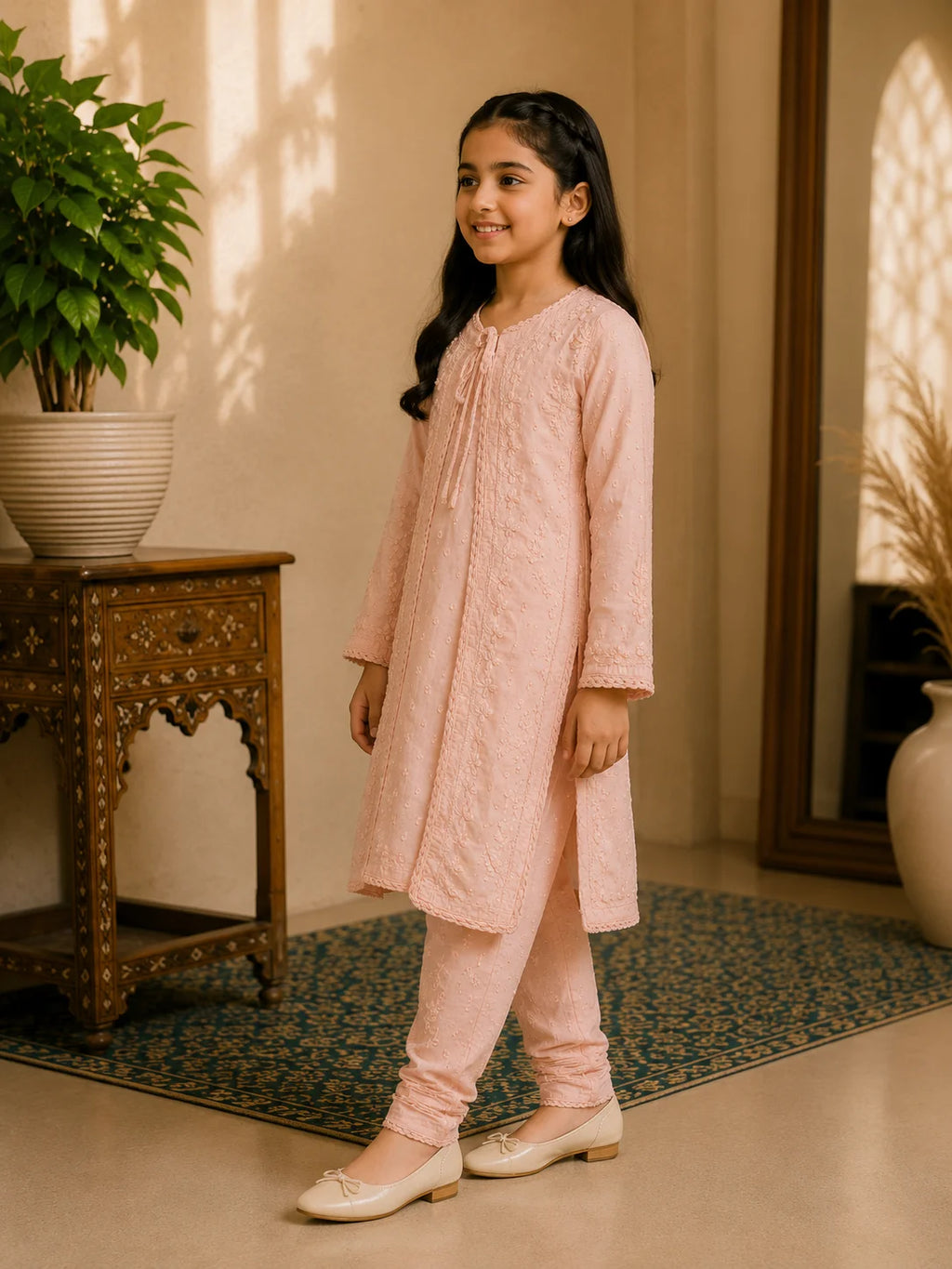 Girls Blush Pink Dobi Cotton Chikankari Shrug Set | Premium Ethnic Wear for Kids | Tazaki Fashion