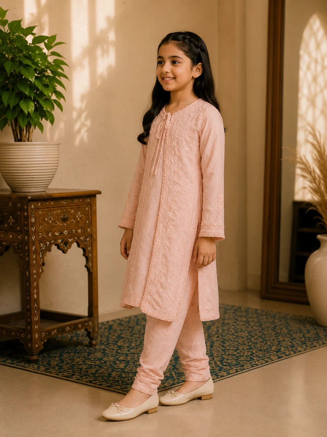 Girls Blush Pink Dobi Cotton Chikankari Shrug Set | Premium Ethnic Wear for Kids | Tazaki Fashion