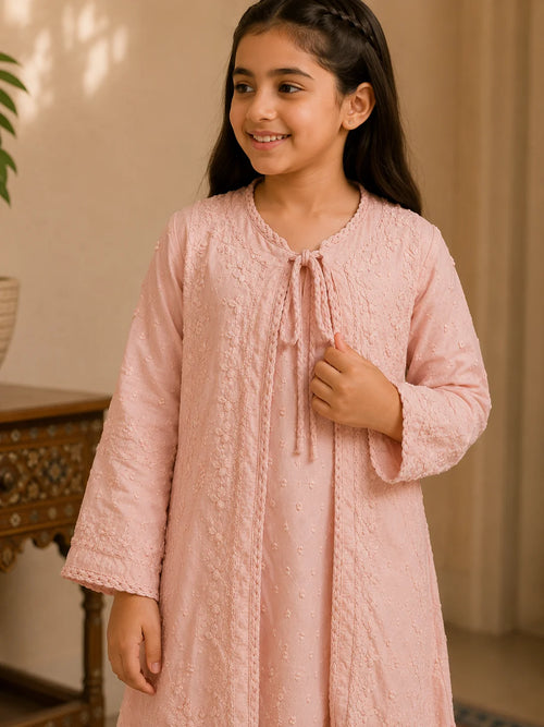 Girls Blush Pink Dobi Cotton Chikankari Shrug Set | Premium Ethnic Wear for Kids | Tazaki Fashion