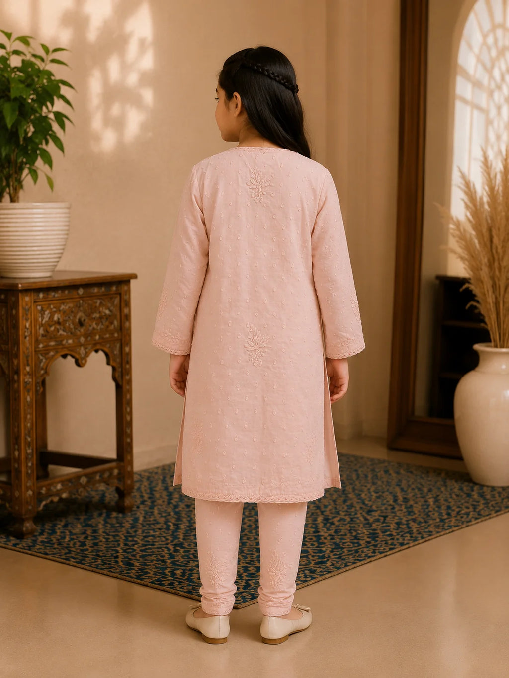 Girls Blush Pink Dobi Cotton Chikankari Shrug Set | Premium Ethnic Wear for Kids | Tazaki Fashion