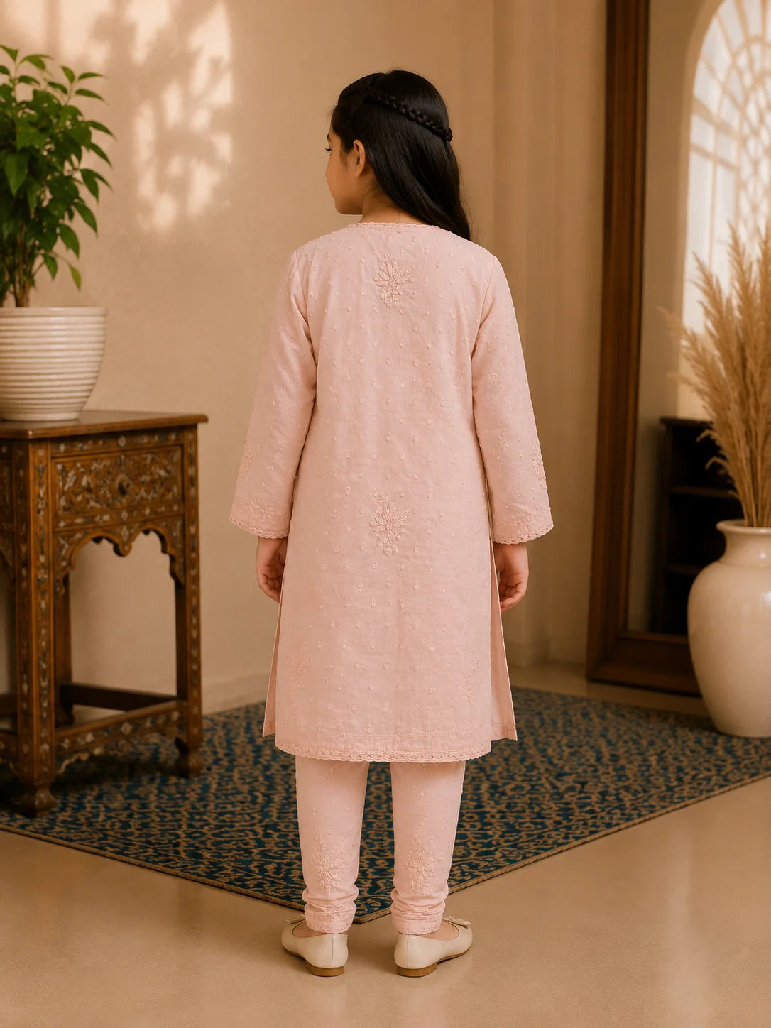 Girls Blush Pink Dobi Cotton Chikankari Shrug Set | Premium Ethnic Wear for Kids | Tazaki Fashion