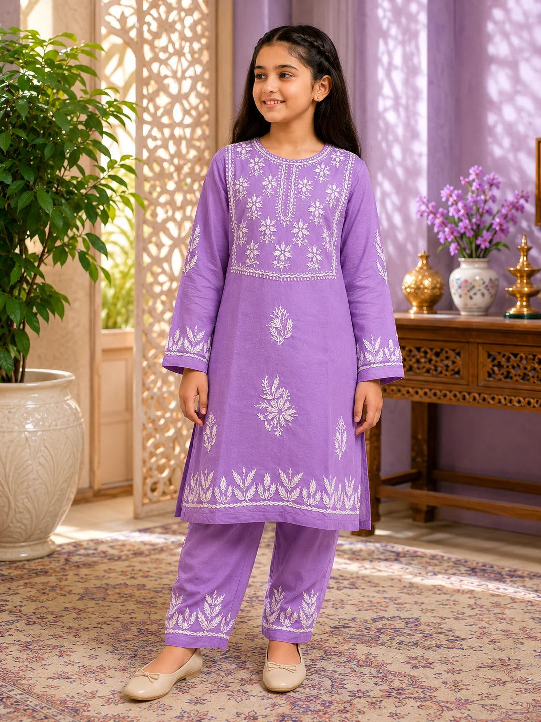 Girls Mint Green Muslin Embroidered Kurta Pant Set | Premium Ethnic Wear for Kids | Tazaki Fashion