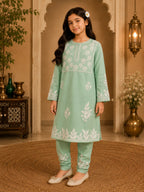 Girls Mint Green Muslin Embroidered Kurta Pant Set | Premium Ethnic Wear for Kids | Tazaki Fashion