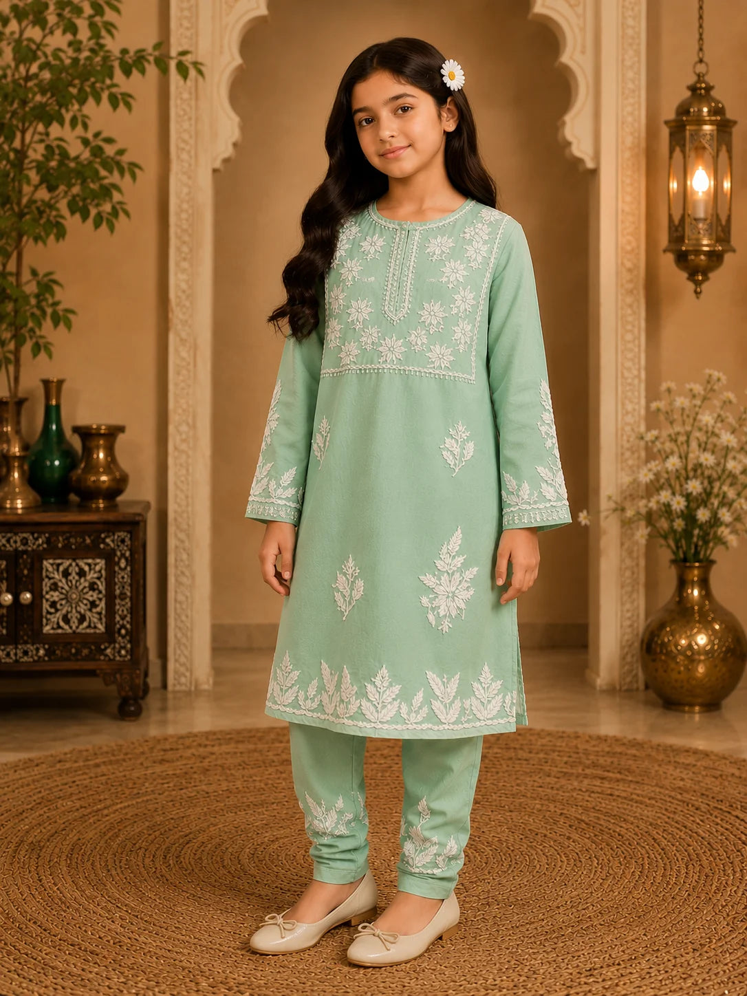Girls Mint Green Muslin Embroidered Kurta Pant Set | Premium Ethnic Wear for Kids | Tazaki Fashion