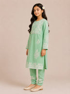 Girls Mint Green Muslin Embroidered Kurta Pant Set | Premium Ethnic Wear for Kids | Tazaki Fashion
