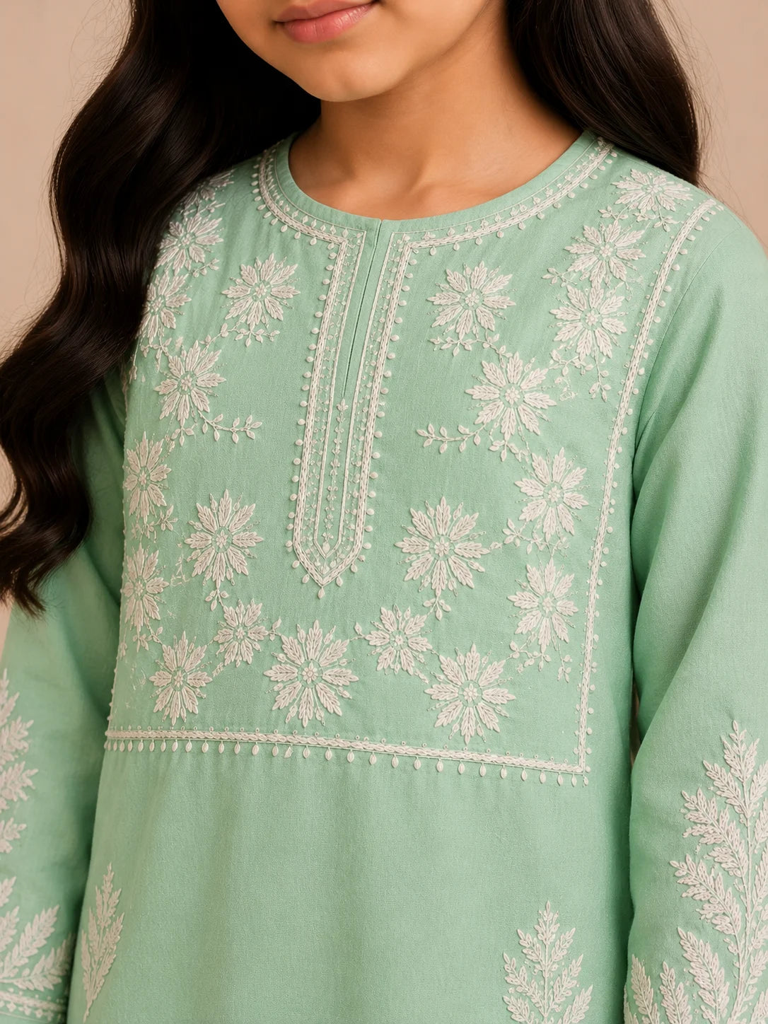 Girls Mint Green Muslin Embroidered Kurta Pant Set | Premium Ethnic Wear for Kids | Tazaki Fashion
