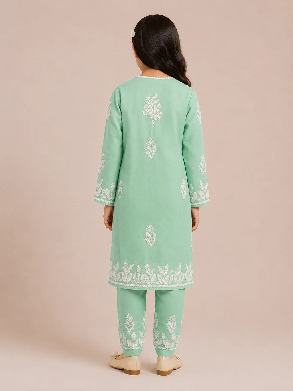 Girls Mint Green Muslin Embroidered Kurta Pant Set | Premium Ethnic Wear for Kids | Tazaki Fashion
