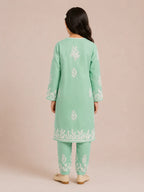 Girls Mint Green Muslin Embroidered Kurta Pant Set | Premium Ethnic Wear for Kids | Tazaki Fashion