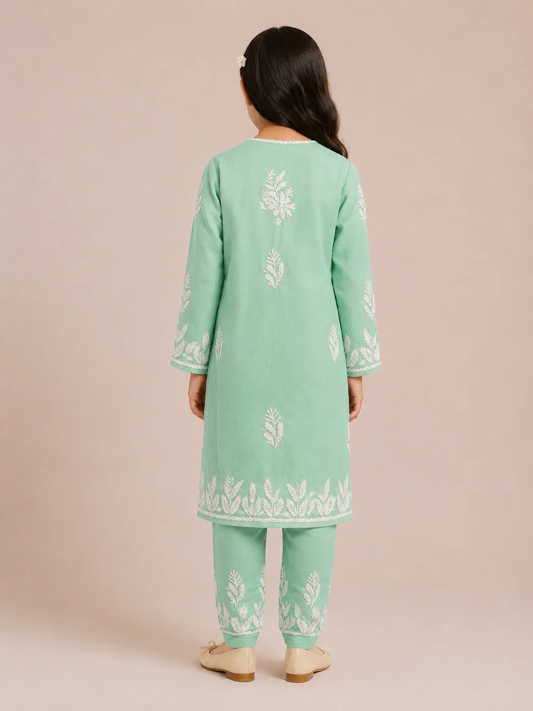 Girls Mint Green Muslin Embroidered Kurta Pant Set | Premium Ethnic Wear for Kids | Tazaki Fashion