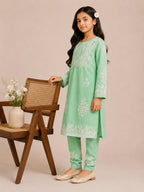 Girls Mint Green Muslin Embroidered Kurta Pant Set | Premium Ethnic Wear for Kids | Tazaki Fashion