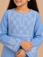 Girls Mint Green Muslin Embroidered Kurta Pant Set | Premium Ethnic Wear for Kids | Tazaki Fashion