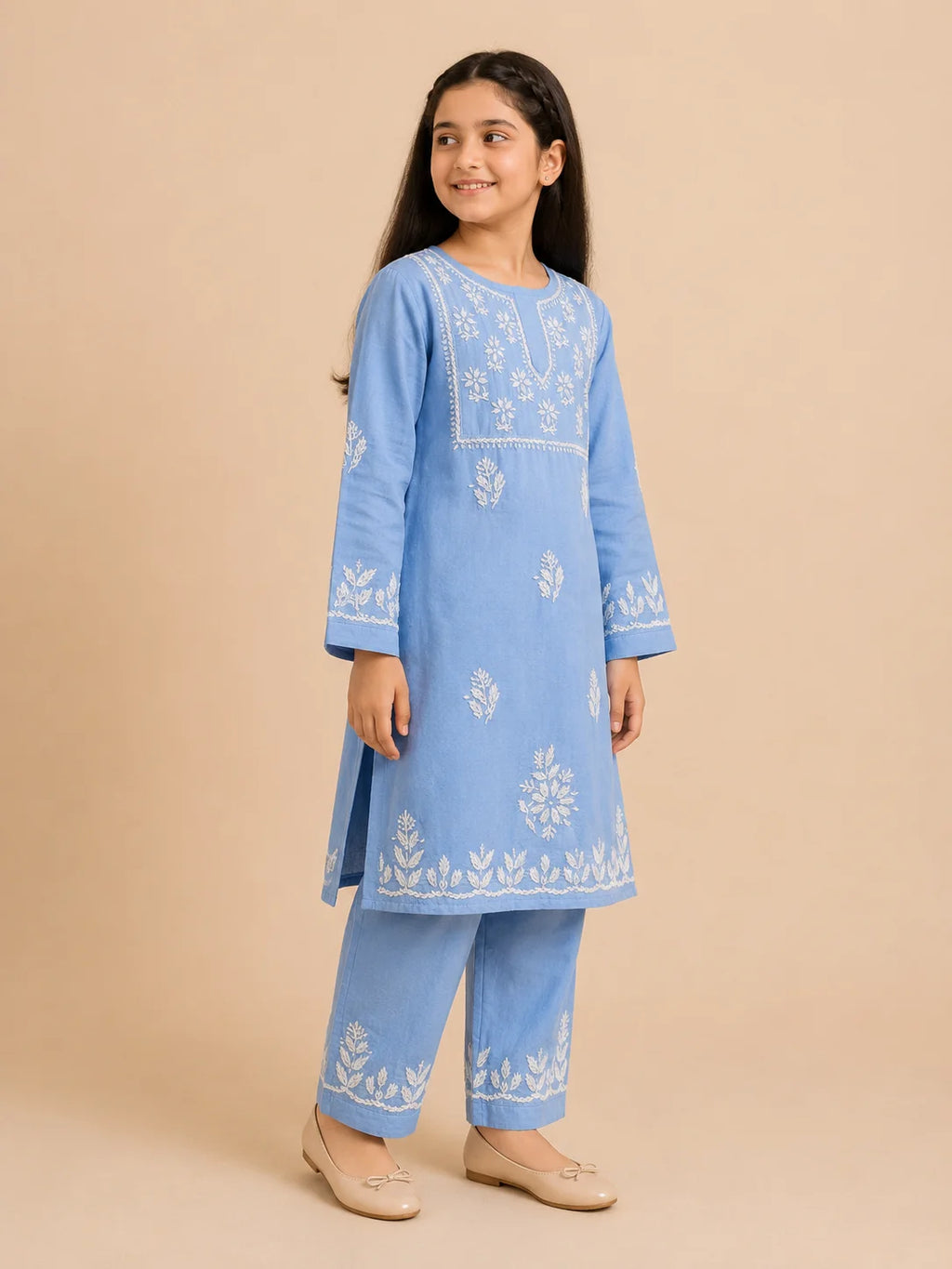 Girls Mint Green Muslin Embroidered Kurta Pant Set | Premium Ethnic Wear for Kids | Tazaki Fashion