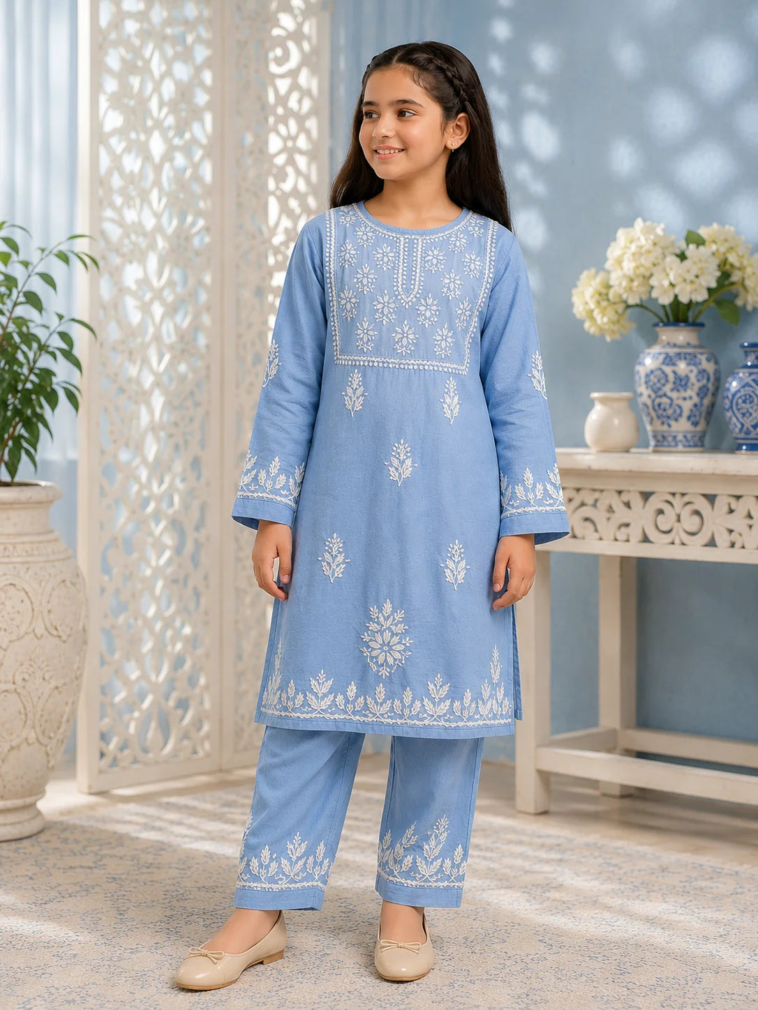 Girls Mint Green Muslin Embroidered Kurta Pant Set | Premium Ethnic Wear for Kids | Tazaki Fashion
