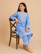 Girls Mint Green Muslin Embroidered Kurta Pant Set | Premium Ethnic Wear for Kids | Tazaki Fashion
