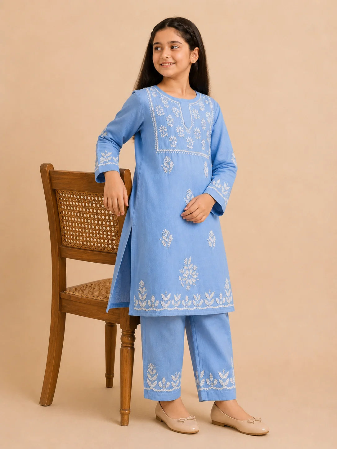 Girls Mint Green Muslin Embroidered Kurta Pant Set | Premium Ethnic Wear for Kids | Tazaki Fashion