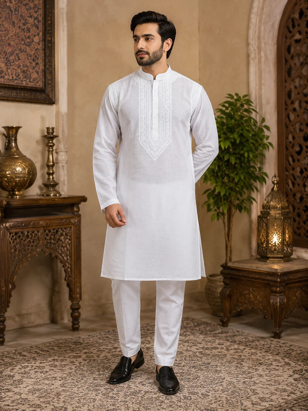 Men’s White Cotton Chikankari Kurta | Premium Lucknowi Embroidered Ethnic Wear | Tazaki Fashion