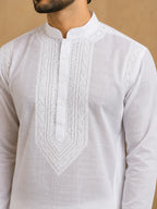 Men’s White Cotton Chikankari Kurta | Premium Lucknowi Embroidered Ethnic Wear | Tazaki Fashion