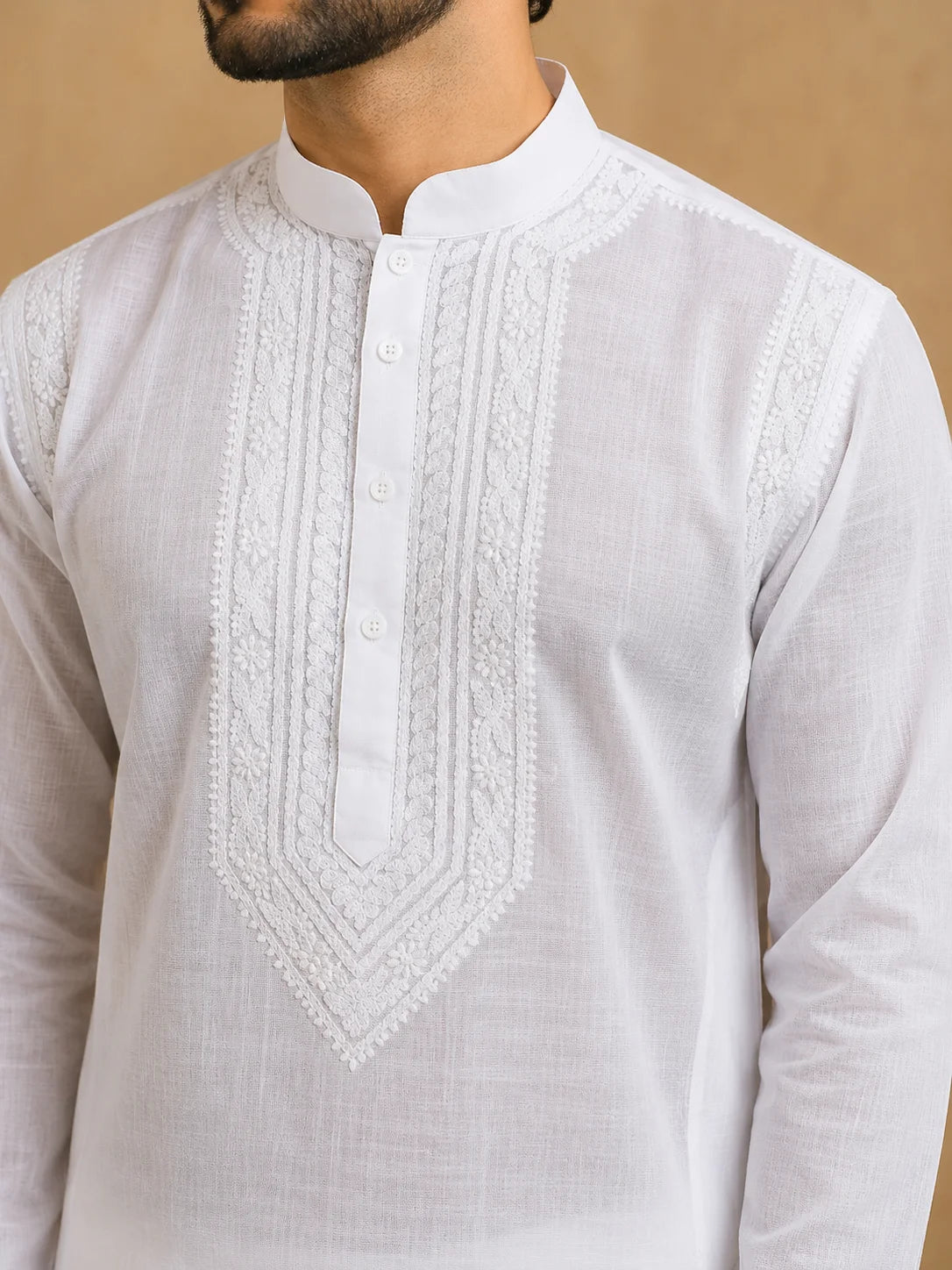 Men’s White Cotton Chikankari Kurta | Premium Lucknowi Embroidered Ethnic Wear | Tazaki Fashion