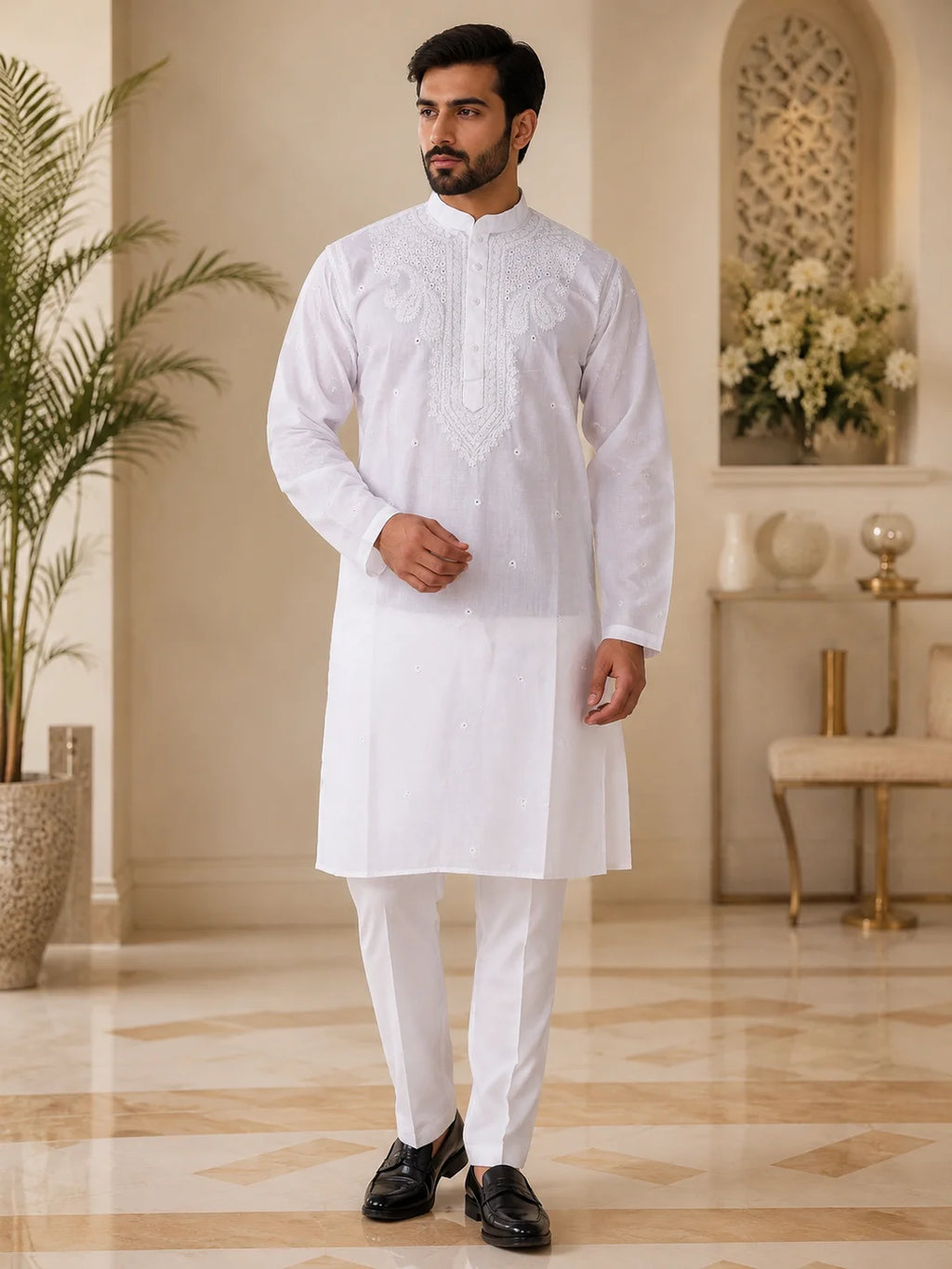 Men’s White Cotton Chikankari Kurta | All Over Booti Work Lucknowi Embroidered Kurta | Tazaki Fashion