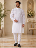 Men’s White Cotton Chikankari Kurta | All Over Booti Work Lucknowi Embroidered Kurta | Tazaki Fashion
