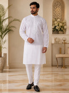 Men’s White Cotton Chikankari Kurta | All Over Booti Work Lucknowi Embroidered Kurta | Tazaki Fashion