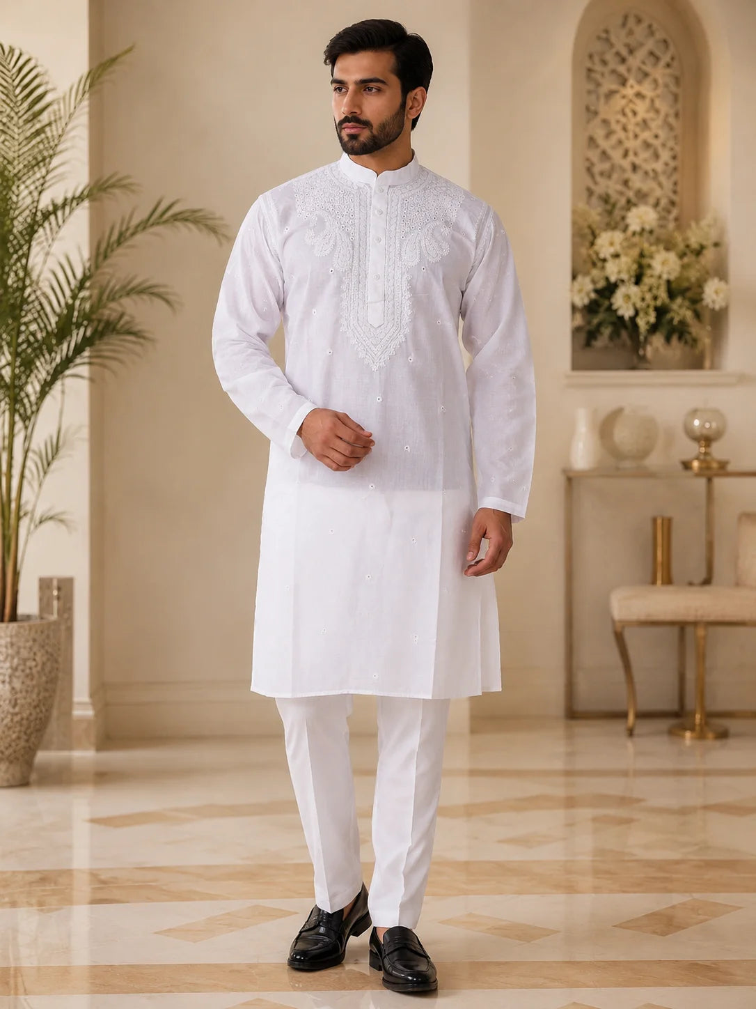 Men’s White Cotton Chikankari Kurta | All Over Booti Work Lucknowi Embroidered Kurta | Tazaki Fashion