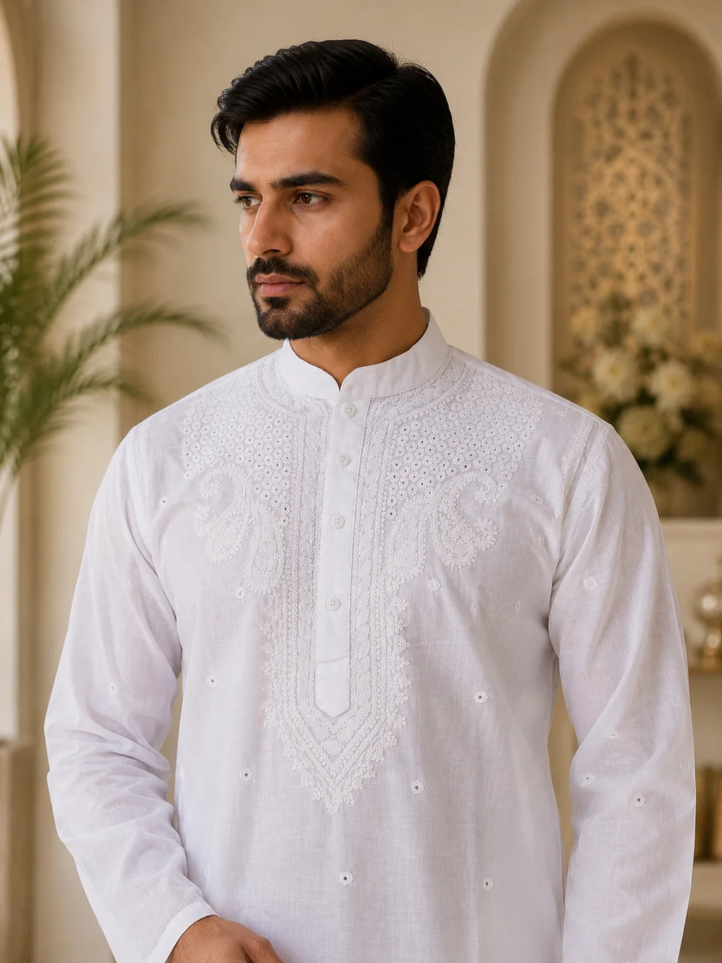 Men’s White Cotton Chikankari Kurta | All Over Booti Work Lucknowi Embroidered Kurta | Tazaki Fashion