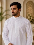 Men’s White Cotton Chikankari Kurta | All Over Booti Work Lucknowi Embroidered Kurta | Tazaki Fashion