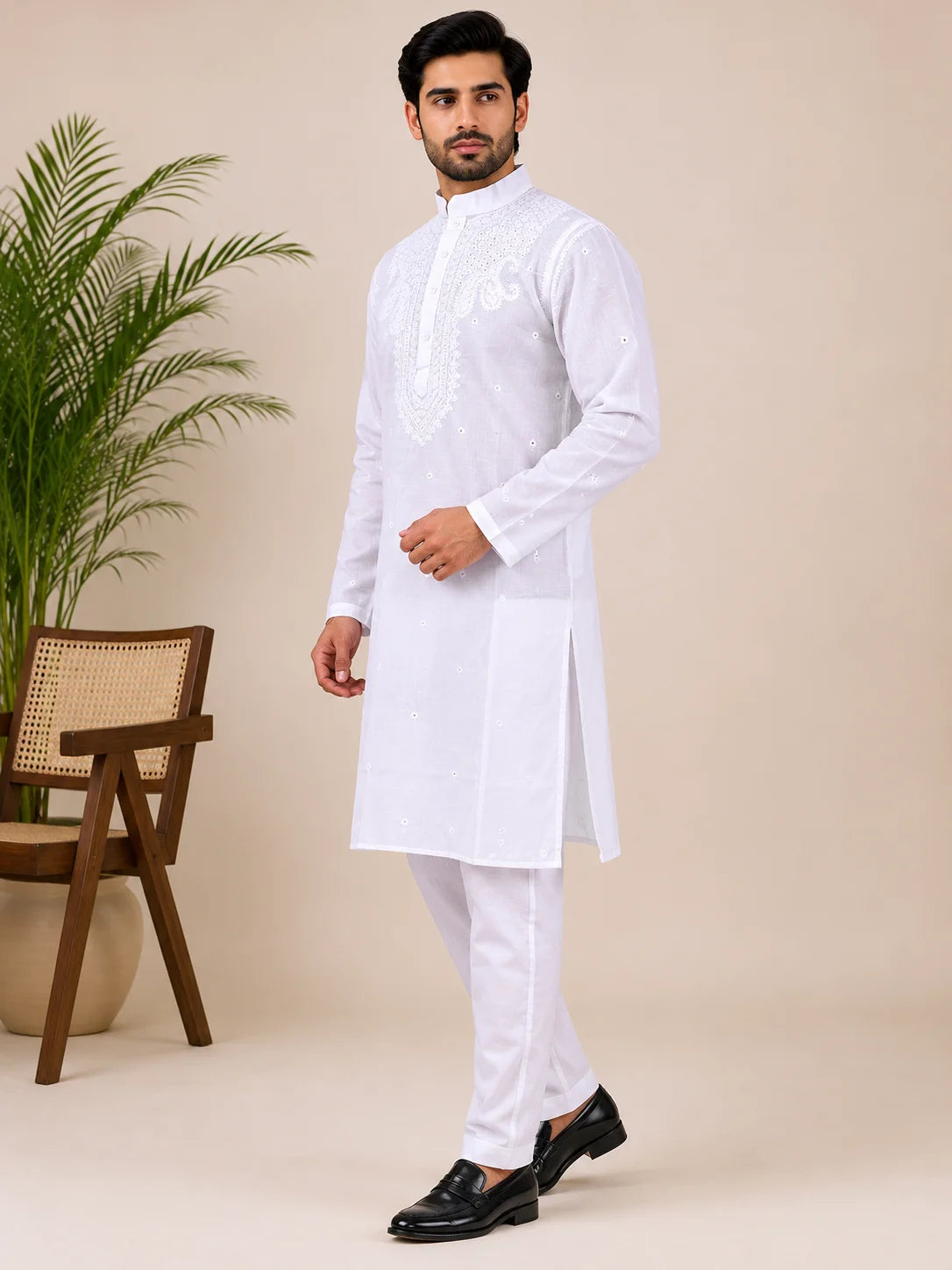 Men’s White Cotton Chikankari Kurta | All Over Booti Work Lucknowi Embroidered Kurta | Tazaki Fashion