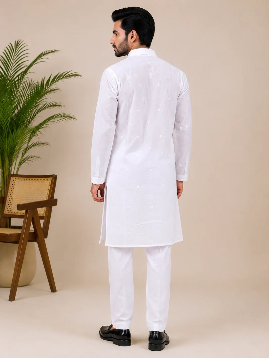 Men’s White Cotton Chikankari Kurta | All Over Booti Work Lucknowi Embroidered Kurta | Tazaki Fashion