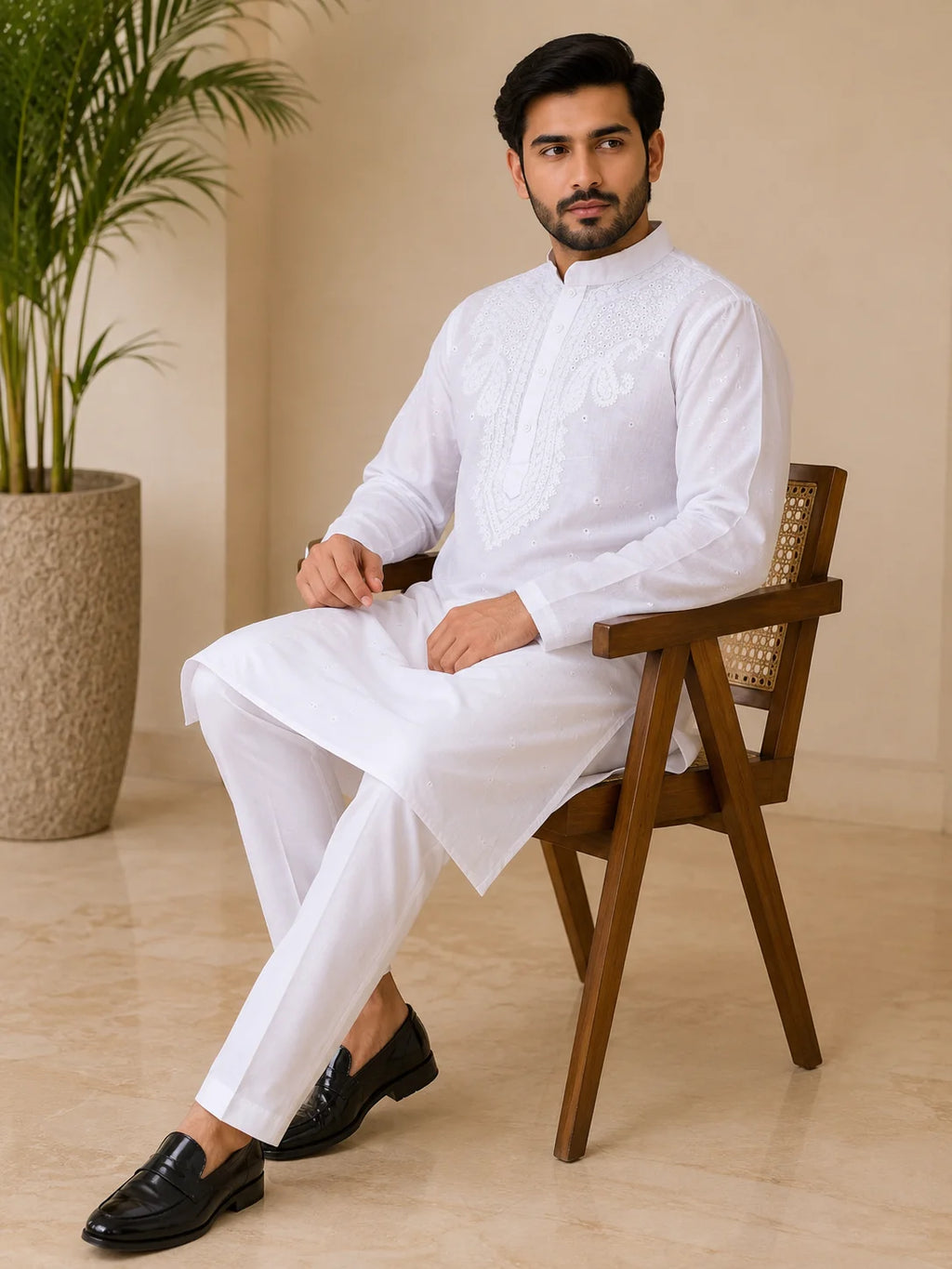 Men’s White Cotton Chikankari Kurta | All Over Booti Work Lucknowi Embroidered Kurta | Tazaki Fashion