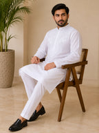 Men’s White Cotton Chikankari Kurta | All Over Booti Work Lucknowi Embroidered Kurta | Tazaki Fashion
