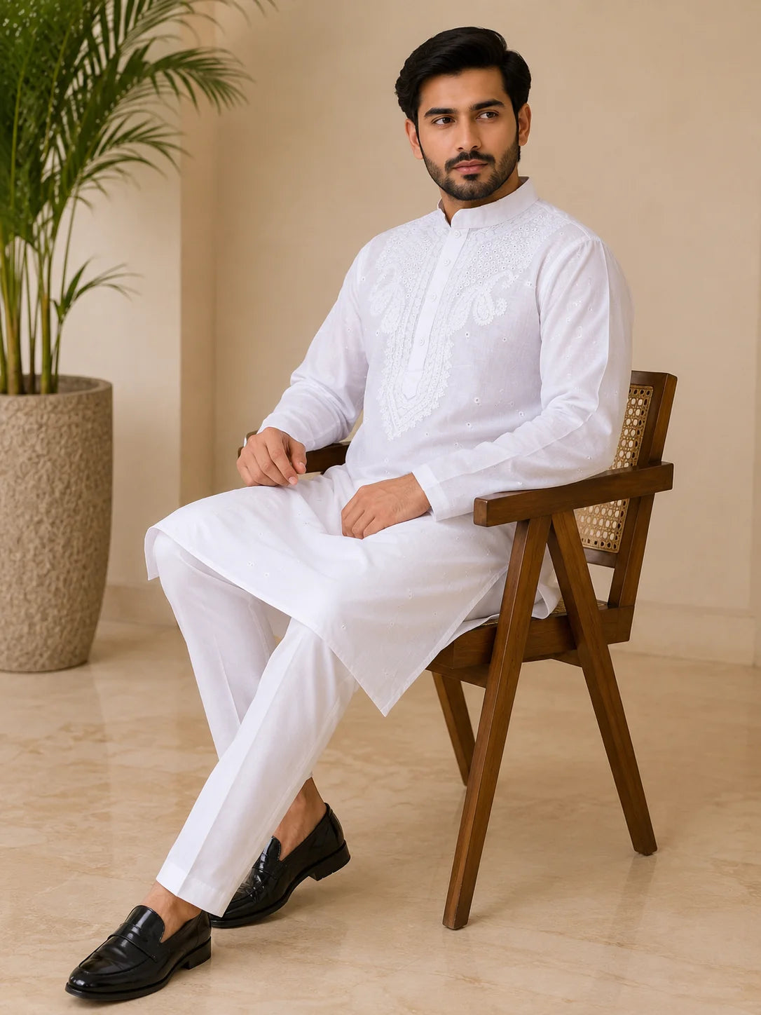 Men’s White Cotton Chikankari Kurta | All Over Booti Work Lucknowi Embroidered Kurta | Tazaki Fashion