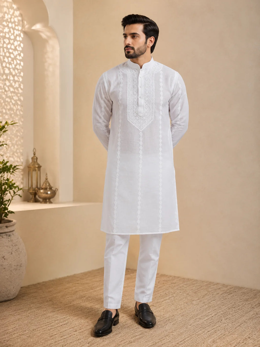 Men’s White Cotton Chikankari Kurta | Gala Chadi Work Lucknowi Embroidered Kurta | Tazaki Fashion