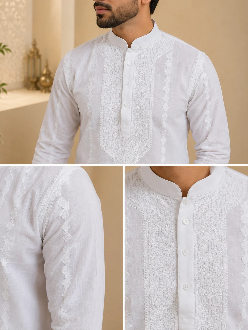 Men’s White Cotton Chikankari Kurta | Gala Chadi Work Lucknowi Embroidered Kurta | Tazaki Fashion
