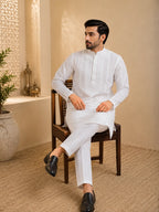 Men’s White Cotton Chikankari Kurta | Gala Chadi Work Lucknowi Embroidered Kurta | Tazaki Fashion