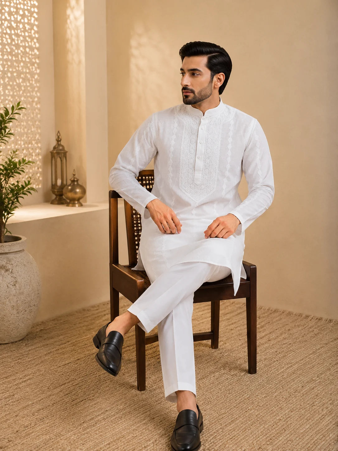 Men’s White Cotton Chikankari Kurta | Gala Chadi Work Lucknowi Embroidered Kurta | Tazaki Fashion