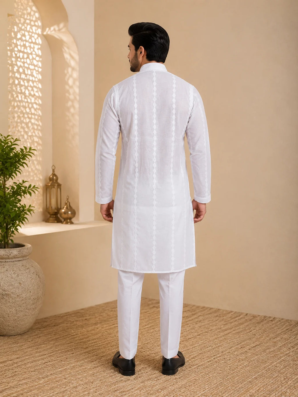 Men’s White Cotton Chikankari Kurta | Gala Chadi Work Lucknowi Embroidered Kurta | Tazaki Fashion