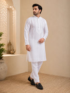 Men’s White Cotton Chikankari Kurta | Gala Chadi Work Lucknowi Embroidered Kurta | Tazaki Fashion