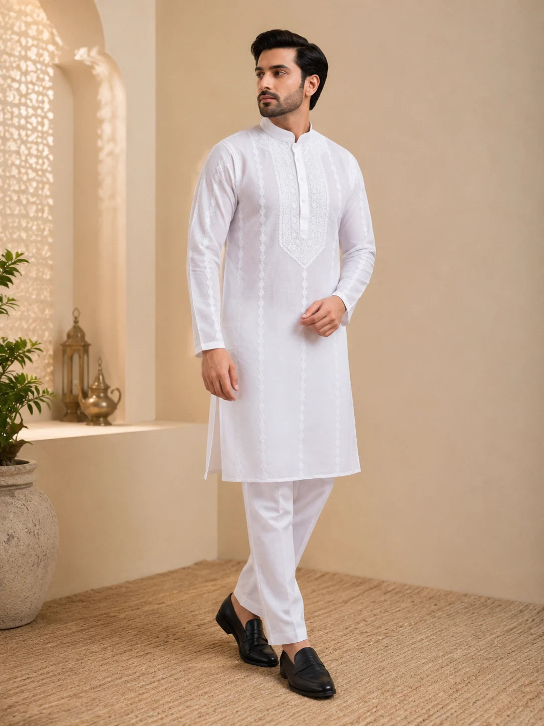 Men’s White Cotton Chikankari Kurta | Gala Chadi Work Lucknowi Embroidered Kurta | Tazaki Fashion
