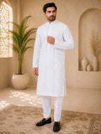 Men’s White Cotton Chikankari Kurta | Full All Over Jaal Work Lucknowi Embroidered Kurta | Tazaki Fashion