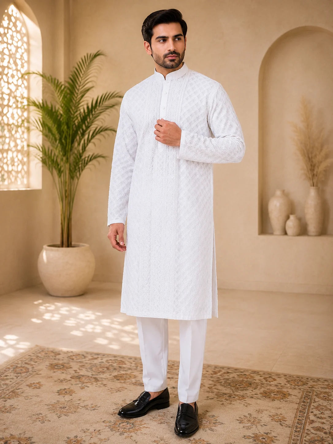 Men’s White Cotton Chikankari Kurta | Full All Over Jaal Work Lucknowi Embroidered Kurta | Tazaki Fashion