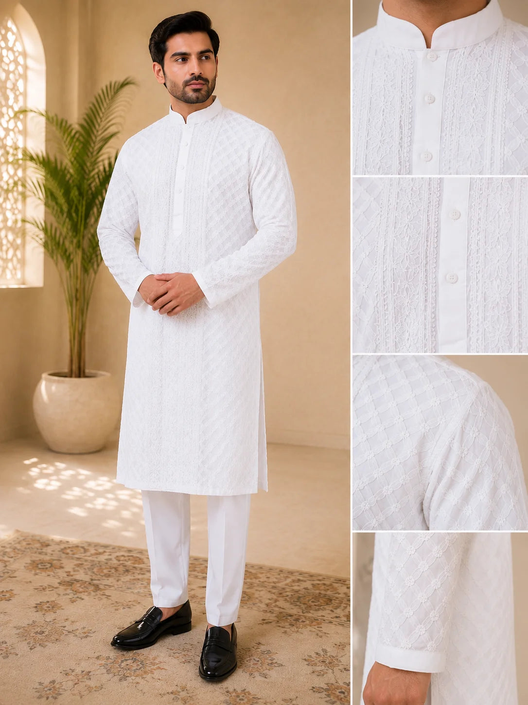 Men’s White Cotton Chikankari Kurta | Full All Over Jaal Work Lucknowi Embroidered Kurta | Tazaki Fashion